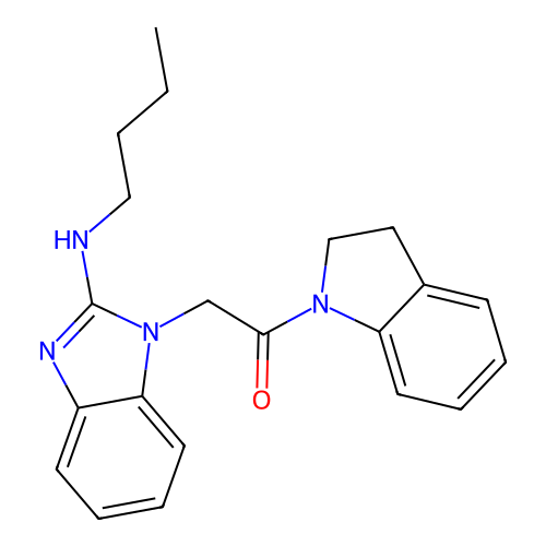 2-(2-(butylamino)-1H-benzo[d]imidazol-1-yl)-1-(indolin-1-yl)ethanone structure