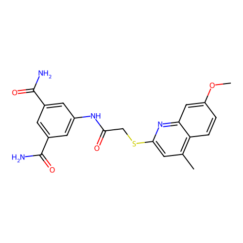 5-[[2-(7-methoxy-4-methylquinolin-2-yl)sulfanylacetyl]amino]benzene-1,3-dicarboxamide structure