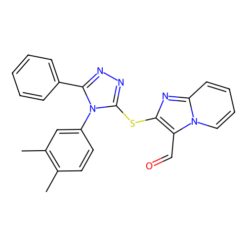 2-[[4-(3,4-dimethylphenyl)-5-phenyl-1,2,4-triazol-3-yl]sulfanyl]imidazo[1,2-a]pyridine-3-carbaldehyde structure
