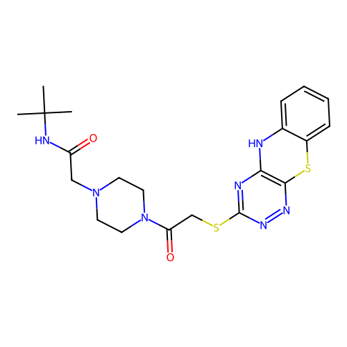 N-(1,1-Dimethylethyl)-4-[2-(5H-1,2,4-triazino[6,5-b][1,4]benzothiazin-3-ylthio)acetyl]-1-piperazineacetamide structure