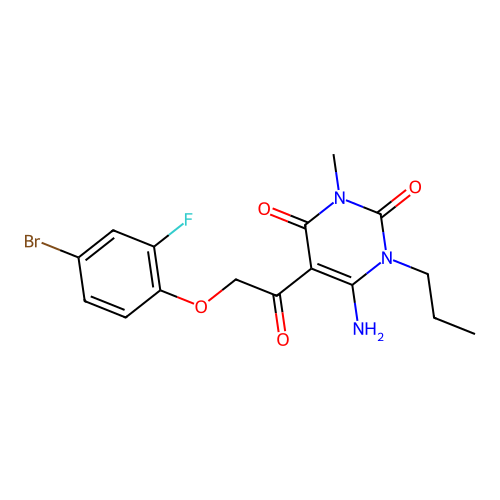 6-amino-5-[2-(4-bromo-2-fluorophenoxy)acetyl]-3-methyl-1-propylpyrimidine-2,4-dione structure