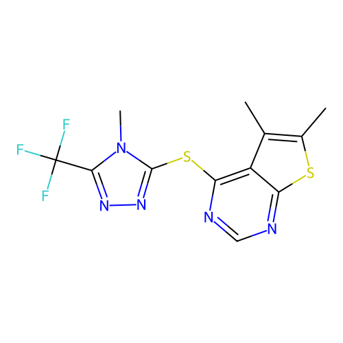 3-({5,6-dimethylthieno[2,3-d]pyrimidin-4-yl}sulfanyl)-4-methyl-5-(trifluoromethyl)-4H-1,2,4-triazole structure