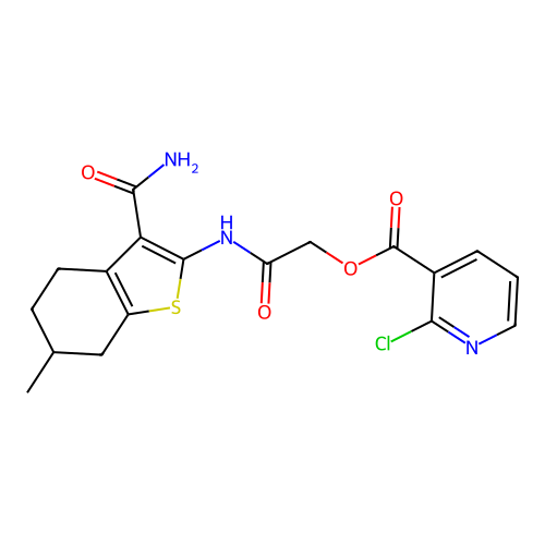 [(3-carbamoyl-6-methyl-4,5,6,7-tetrahydro-1-benzothiophen-2-yl)carbamoyl]methyl 2-chloropyridine-3-carboxylate structure