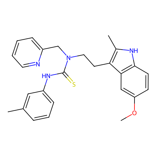 3-[2-(5-methoxy-2-methyl-1H-indol-3-yl)ethyl]-1-(3-methylphenyl)-3-[(pyridin-2-yl)methyl]thiourea structure