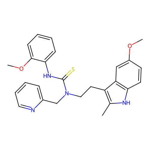 1-[2-(5-methoxy-2-methyl-1H-indol-3-yl)ethyl]-3-(2-methoxyphenyl)-1-[(pyridin-2-yl)methyl]thiourea structure