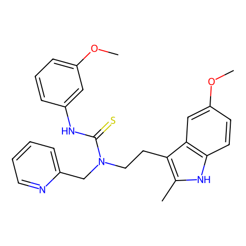 1-[2-(5-methoxy-2-methyl-1H-indol-3-yl)ethyl]-3-(3-methoxyphenyl)-1-[(pyridin-2-yl)methyl]thiourea structure