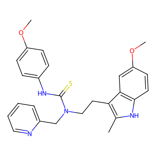 3-[2-(5-methoxy-2-methyl-1H-indol-3-yl)ethyl]-1-(4-methoxyphenyl)-3-[(pyridin-2-yl)methyl]thiourea structure