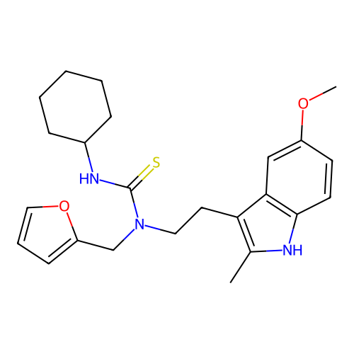 1-cyclohexyl-3-[(furan-2-yl)methyl]-3-[2-(5-methoxy-2-methyl-1H-indol-3-yl)ethyl]thiourea structure