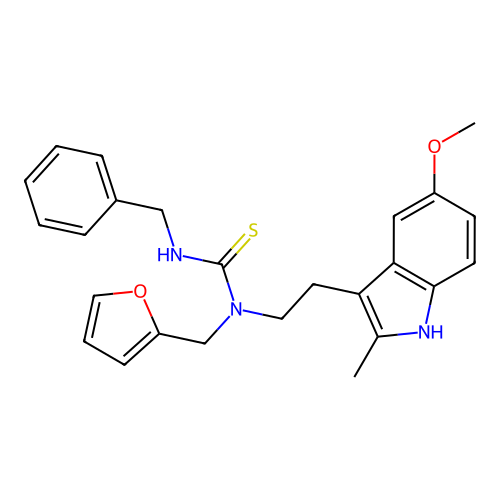 1-benzyl-3-[(furan-2-yl)methyl]-3-[2-(5-methoxy-2-methyl-1H-indol-3-yl)ethyl]thiourea structure