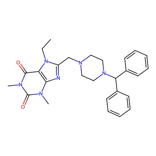 8-((4-benzhydrylpiperazin-1-yl)methyl)-7-ethyl-1,3-dimethyl-1H-purine-2,6(3H,7H)-dione structure