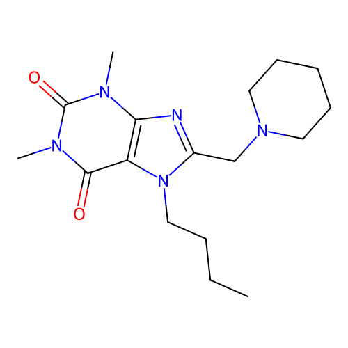 7-butyl-1,3-dimethyl-8-(piperidin-1-ylmethyl)-3,7-dihydro-1H-purine-2,6-dione structure