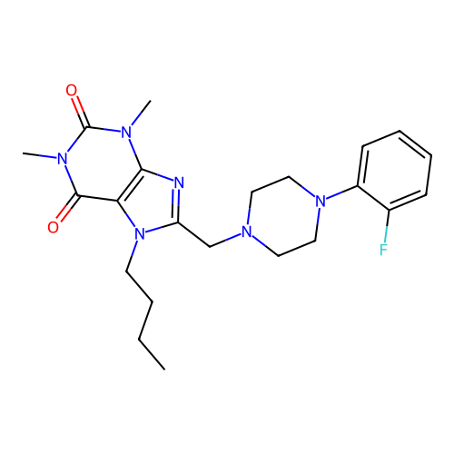 7-butyl-8-{[4-(2-fluorophenyl)piperazin-1-yl]methyl}-1,3-dimethyl-2,3,6,7-tetrahydro-1H-purine-2,6-dione structure