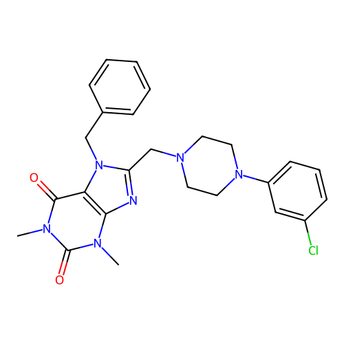 7-benzyl-8-{[4-(3-chlorophenyl)piperazin-1-yl]methyl}-1,3-dimethyl-2,3,6,7-tetrahydro-1H-purine-2,6-dione structure