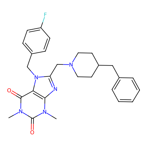 8-[(4-benzylpiperidin-1-yl)methyl]-7-[(4-fluorophenyl)methyl]-1,3-dimethyl-2,3,6,7-tetrahydro-1H-purine-2,6-dione structure