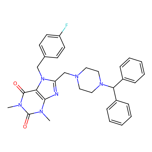 8-[(4-benzhydrylpiperazin-1-yl)methyl]-7-[(4-fluorophenyl)methyl]-1,3-dimethylpurine-2,6-dione structure