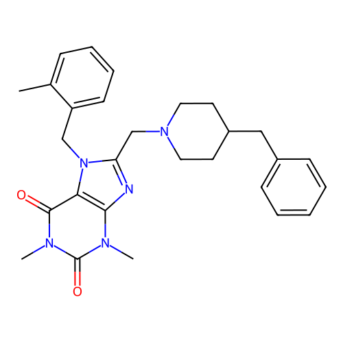 8-[(4-benzylpiperidin-1-yl)methyl]-1,3-dimethyl-7-[(2-methylphenyl)methyl]-2,3,6,7-tetrahydro-1H-purine-2,6-dione structure