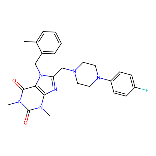 8-{[4-(4-fluorophenyl)piperazin-1-yl]methyl}-1,3-dimethyl-7-[(2-methylphenyl)methyl]-2,3,6,7-tetrahydro-1H-purine-2,6-dione structure