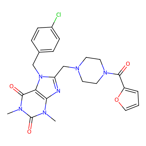 7-[(4-chlorophenyl)methyl]-8-{[4-(furan-2-carbonyl)piperazin-1-yl]methyl}-1,3-dimethyl-2,3,6,7-tetrahydro-1H-purine-2,6-dione structure