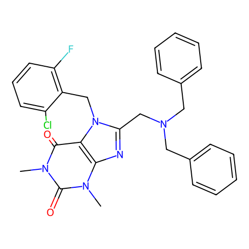 7-[(2-chloro-6-fluorophenyl)methyl]-8-[(dibenzylamino)methyl]-1,3-dimethylpurine-2,6-dione structure