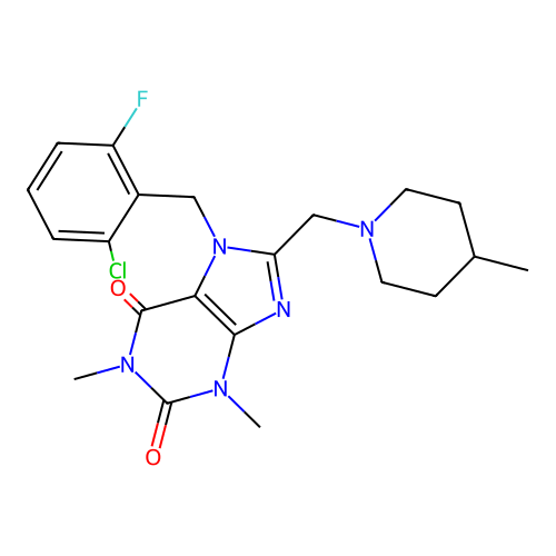 7-(2-chloro-6-fluorobenzyl)-1,3-dimethyl-8-[(4-methylpiperidin-1-yl)methyl]-3,7-dihydro-1H-purine-2,6-dione structure