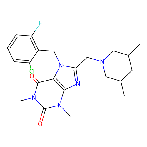 7-[(2-chloro-6-fluorophenyl)methyl]-8-[(3,5-dimethylpiperidin-1-yl)methyl]-1,3-dimethyl-2,3,6,7-tetrahydro-1H-purine-2,6-dione structure