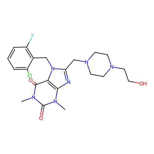 7-(2-chloro-6-fluorobenzyl)-8-{[4-(2-hydroxyethyl)piperazin-1-yl]methyl}-1,3-dimethyl-3,7-dihydro-1H-purine-2,6-dione structure