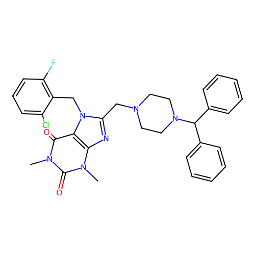 7-[(2-chloro-6-fluorophenyl)methyl]-8-{[4-(diphenylmethyl)piperazin-1-yl]methyl}-1,3-dimethyl-2,3,6,7-tetrahydro-1H-purine-2,6-dione structure