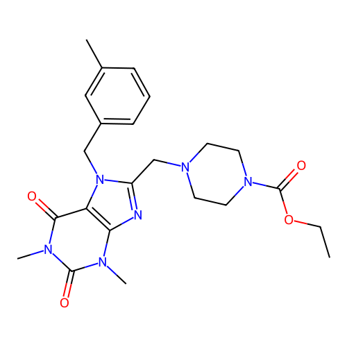 ethyl 4-({1,3-dimethyl-7-[(3-methylphenyl)methyl]-2,6-dioxo-2,3,6,7-tetrahydro-1H-purin-8-yl}methyl)piperazine-1-carboxylate structure