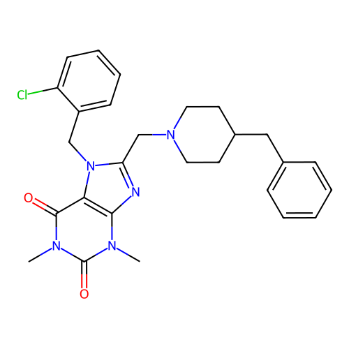 8-[(4-benzylpiperidin-1-yl)methyl]-7-(2-chlorobenzyl)-1,3-dimethyl-3,7-dihydro-1H-purine-2,6-dione structure
