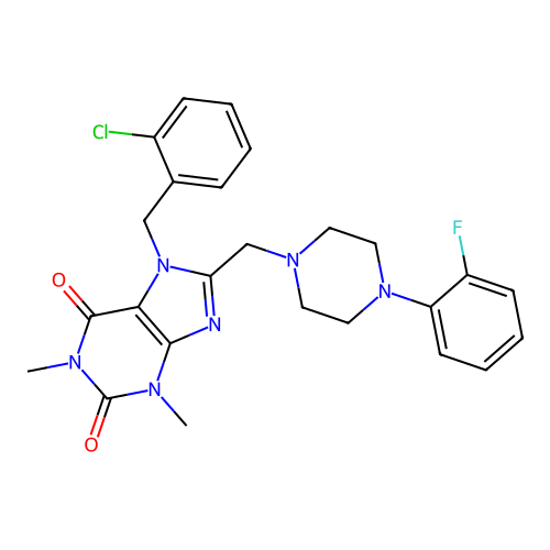 7-[(2-chlorophenyl)methyl]-8-{[4-(2-fluorophenyl)piperazin-1-yl]methyl}-1,3-dimethyl-2,3,6,7-tetrahydro-1H-purine-2,6-dione structure