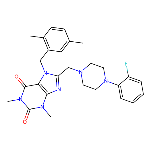 7-[(2,5-dimethylphenyl)methyl]-8-{[4-(2-fluorophenyl)piperazin-1-yl]methyl}-1,3-dimethyl-2,3,6,7-tetrahydro-1H-purine-2,6-dione structure