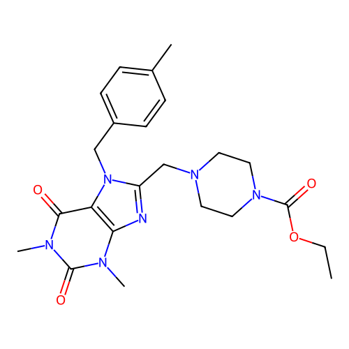 ethyl 4-({1,3-dimethyl-7-[(4-methylphenyl)methyl]-2,6-dioxo-2,3,6,7-tetrahydro-1H-purin-8-yl}methyl)piperazine-1-carboxylate structure