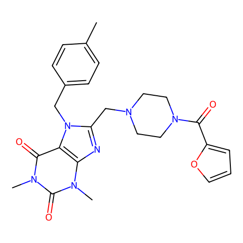 8-{[4-(furan-2-carbonyl)piperazin-1-yl]methyl}-1,3-dimethyl-7-[(4-methylphenyl)methyl]-2,3,6,7-tetrahydro-1H-purine-2,6-dione structure