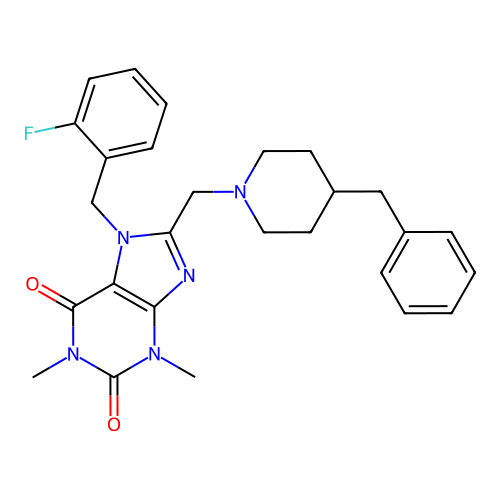 8-[(4-benzylpiperidin-1-yl)methyl]-7-[(2-fluorophenyl)methyl]-1,3-dimethyl-2,3,6,7-tetrahydro-1H-purine-2,6-dione structure