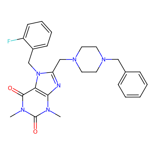 8-[(4-benzylpiperazin-1-yl)methyl]-7-(2-fluorobenzyl)-1,3-dimethyl-3,7-dihydro-1H-purine-2,6-dione structure