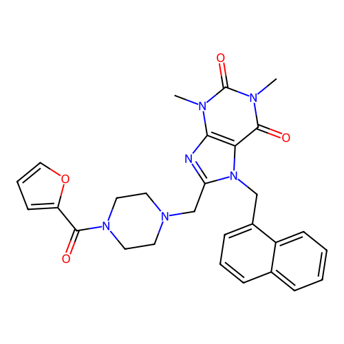 8-{[4-(furan-2-carbonyl)piperazin-1-yl]methyl}-1,3-dimethyl-7-[(naphthalen-1-yl)methyl]-2,3,6,7-tetrahydro-1H-purine-2,6-dione structure