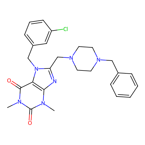 8-[(4-benzylpiperazin-1-yl)methyl]-7-(3-chlorobenzyl)-1,3-dimethyl-3,7-dihydro-1H-purine-2,6-dione structure