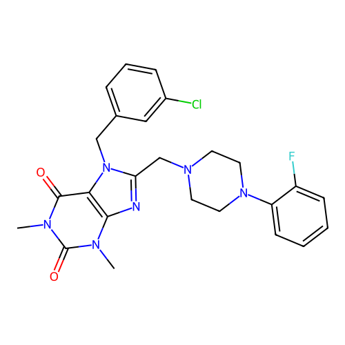 7-[(3-chlorophenyl)methyl]-8-{[4-(2-fluorophenyl)piperazin-1-yl]methyl}-1,3-dimethyl-2,3,6,7-tetrahydro-1H-purine-2,6-dione structure