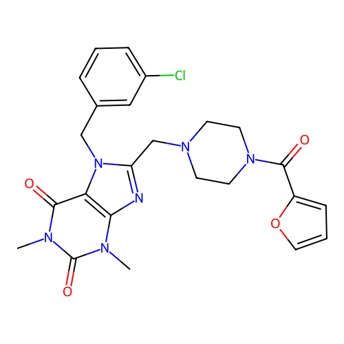 7-[(3-chlorophenyl)methyl]-8-{[4-(furan-2-carbonyl)piperazin-1-yl]methyl}-1,3-dimethyl-2,3,6,7-tetrahydro-1H-purine-2,6-dione structure