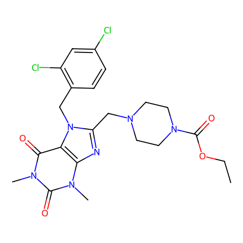 ethyl 4-({7-[(2,4-dichlorophenyl)methyl]-1,3-dimethyl-2,6-dioxo-2,3,6,7-tetrahydro-1H-purin-8-yl}methyl)piperazine-1-carboxylate structure