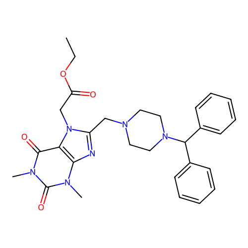 ethyl 2-(8-{[4-(diphenylmethyl)piperazin-1-yl]methyl}-1,3-dimethyl-2,6-dioxo-2,3,6,7-tetrahydro-1H-purin-7-yl)acetate structure