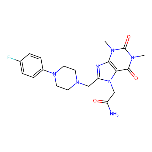 2-(8-{[4-(4-fluorophenyl)piperazin-1-yl]methyl}-1,3-dimethyl-2,6-dioxo-1,2,3,6-tetrahydro-7H-purin-7-yl)acetamide structure