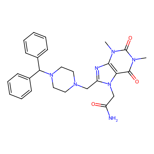 2-(8-{[4-(diphenylmethyl)piperazin-1-yl]methyl}-1,3-dimethyl-2,6-dioxo-1,2,3,6-tetrahydro-7H-purin-7-yl)acetamide structure