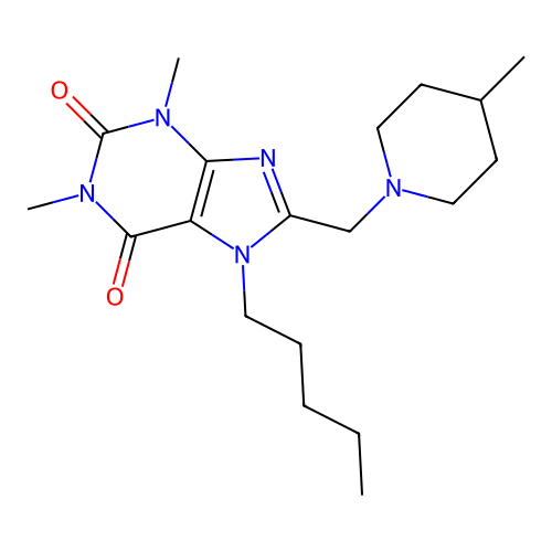 1,3-Dimethyl-8-[(4-methylpiperidin-1-yl)methyl]-7-pentylpurine-2,6-dione structure