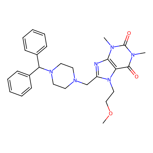 8-{[4-(diphenylmethyl)piperazin-1-yl]methyl}-7-(2-methoxyethyl)-1,3-dimethyl-2,3,6,7-tetrahydro-1H-purine-2,6-dione structure