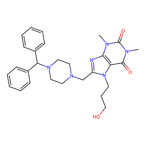 8-[(4-benzhydrylpiperazin-1-yl)methyl]-7-(3-hydroxypropyl)-1,3-dimethyl-3,7-dihydro-1H-purine-2,6-dione structure