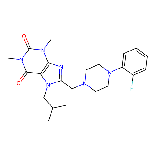 8-[[4-(2-fluorophenyl)piperazin-1-yl]methyl]-1,3-dimethyl-7-(2-methylpropyl)purine-2,6-dione structure