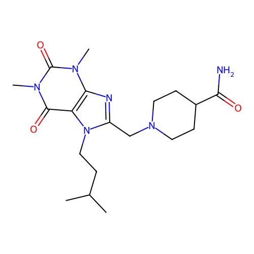 1-{[1,3-dimethyl-7-(3-methylbutyl)-2,6-dioxo-2,3,6,7-tetrahydro-1H-purin-8-yl]methyl}piperidine-4-carboxamide structure
