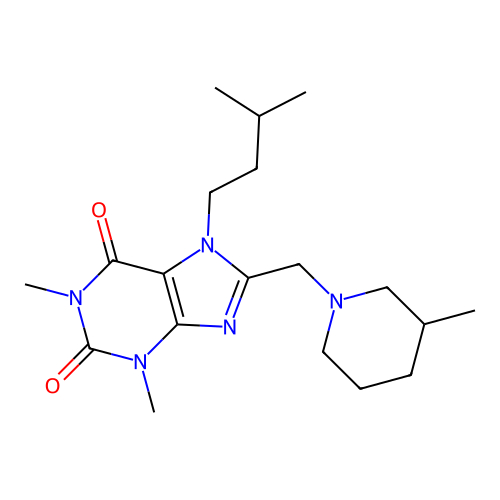 1,3-dimethyl-7-(3-methylbutyl)-8-[(3-methylpiperidin-1-yl)methyl]-3,7-dihydro-1H-purine-2,6-dione structure