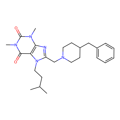 8-[(4-benzylpiperidin-1-yl)methyl]-1,3-dimethyl-7-(3-methylbutyl)-3,7-dihydro-1H-purine-2,6-dione structure